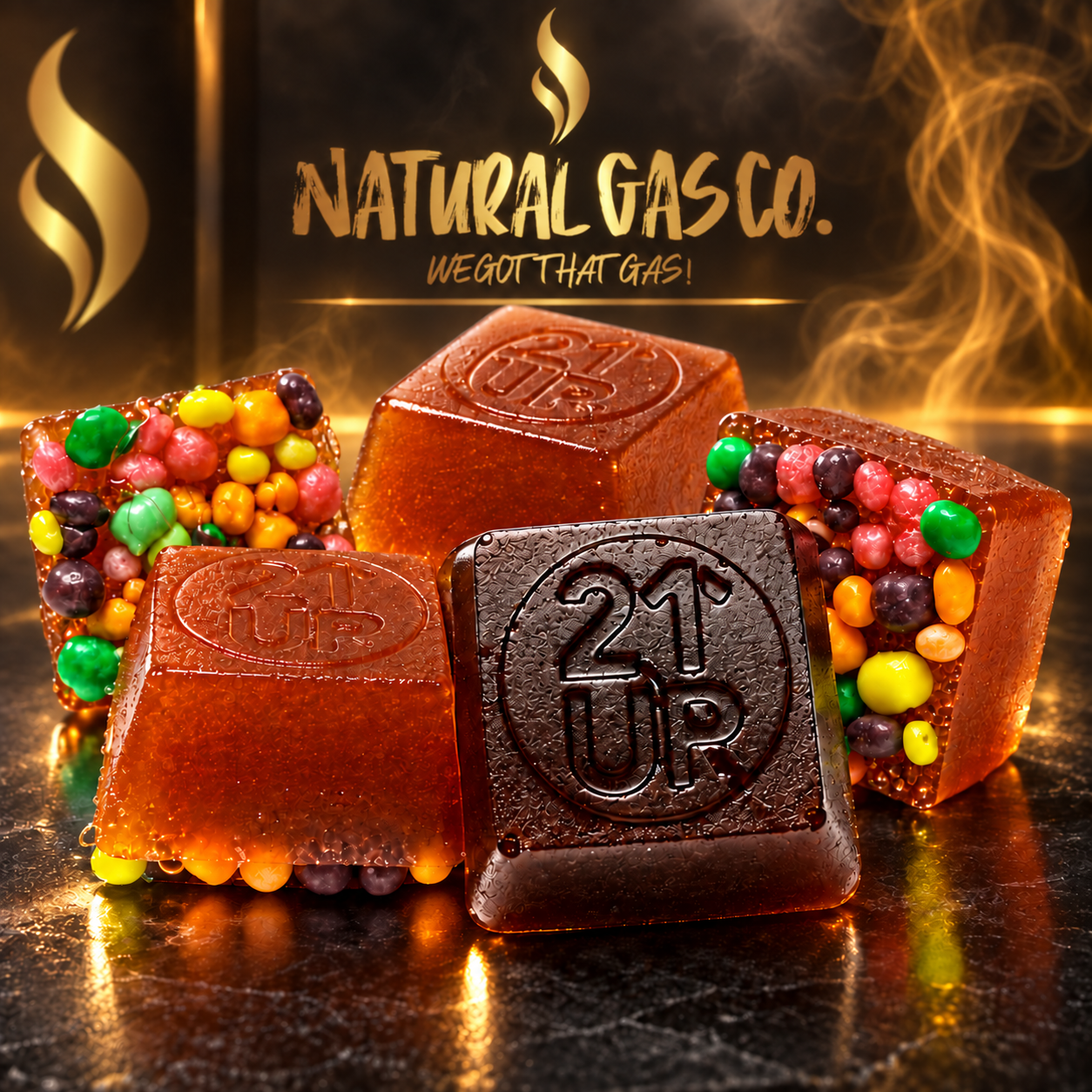 Heavy Hitters gummies with the Natural Gas Co. logo on a black-and-gold backdrop.