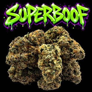 Superboof flower with lime green graffiti lettering above the buds on a black background.