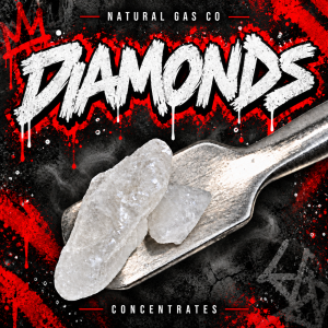 Natural Gas Co Diamonds concentrates with white crystals and red white graffiti on textured black background