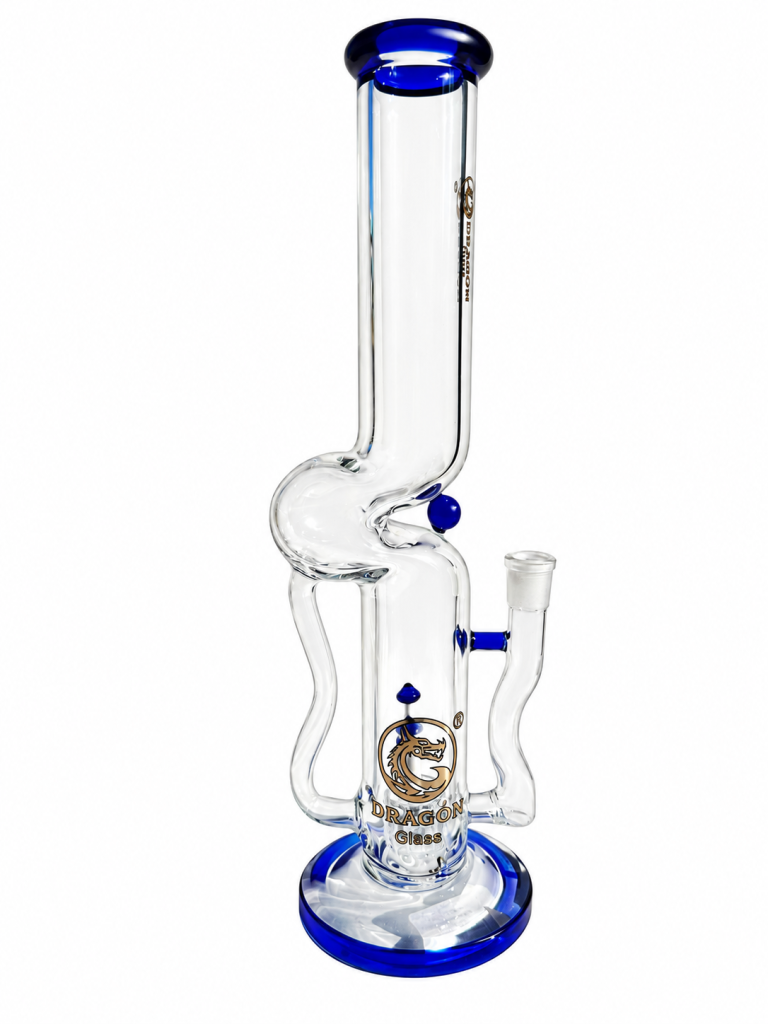 15" DRAGON GLASS WAVEY MUSHROOM BLUE WATER PIPE W/INLINE PERC