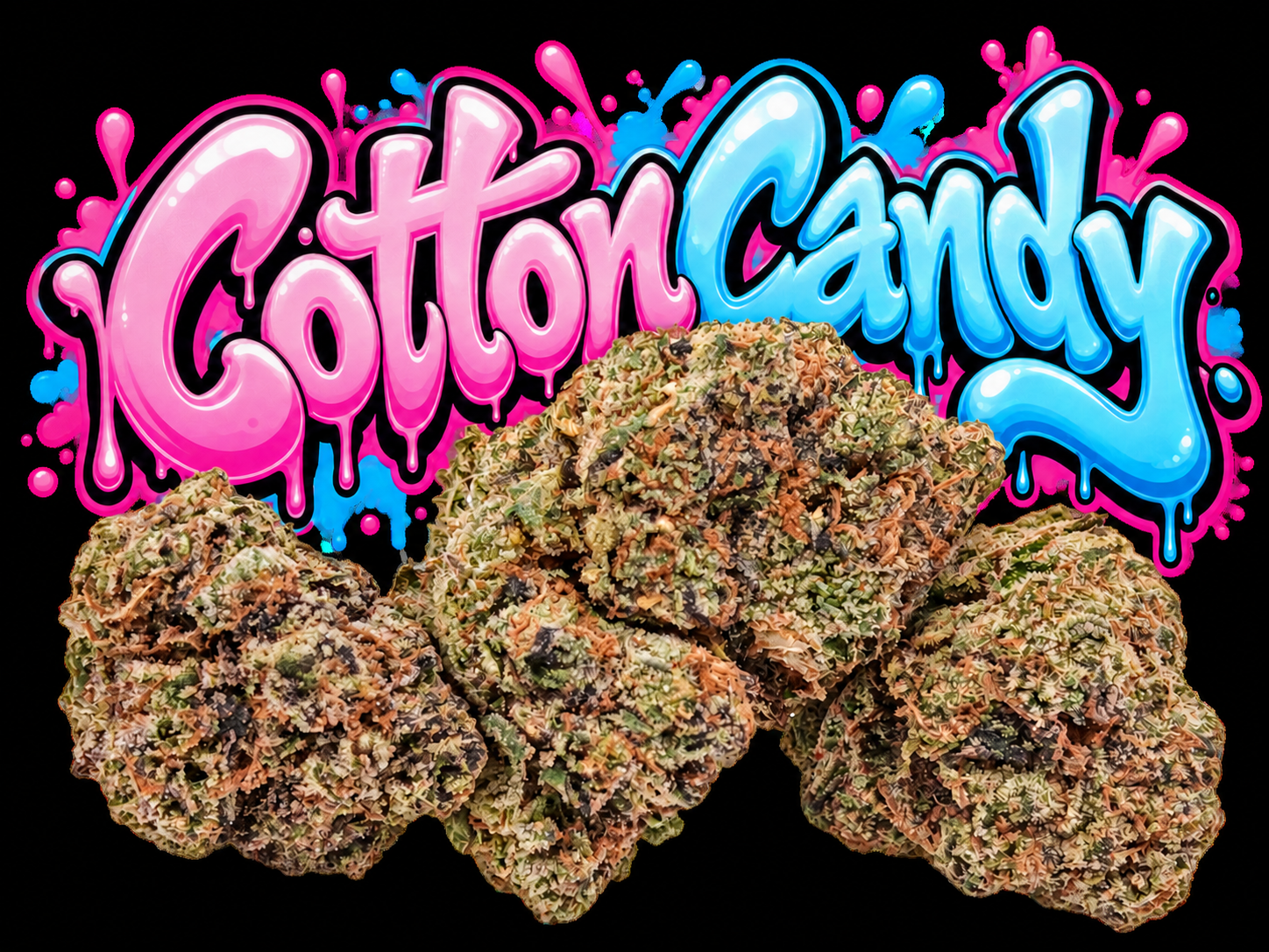 Cotton Candy flower and graffiti lettering on a solid black background