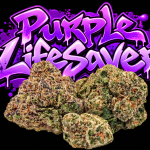 Purple Lifesaver flower and graffiti lettering on a solid black background