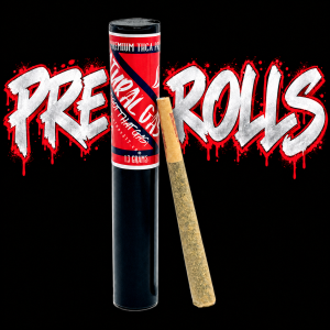 Natural Gas Co preroll tube labeled 1.3 GRAMS with PRE ROLLS graffiti on black